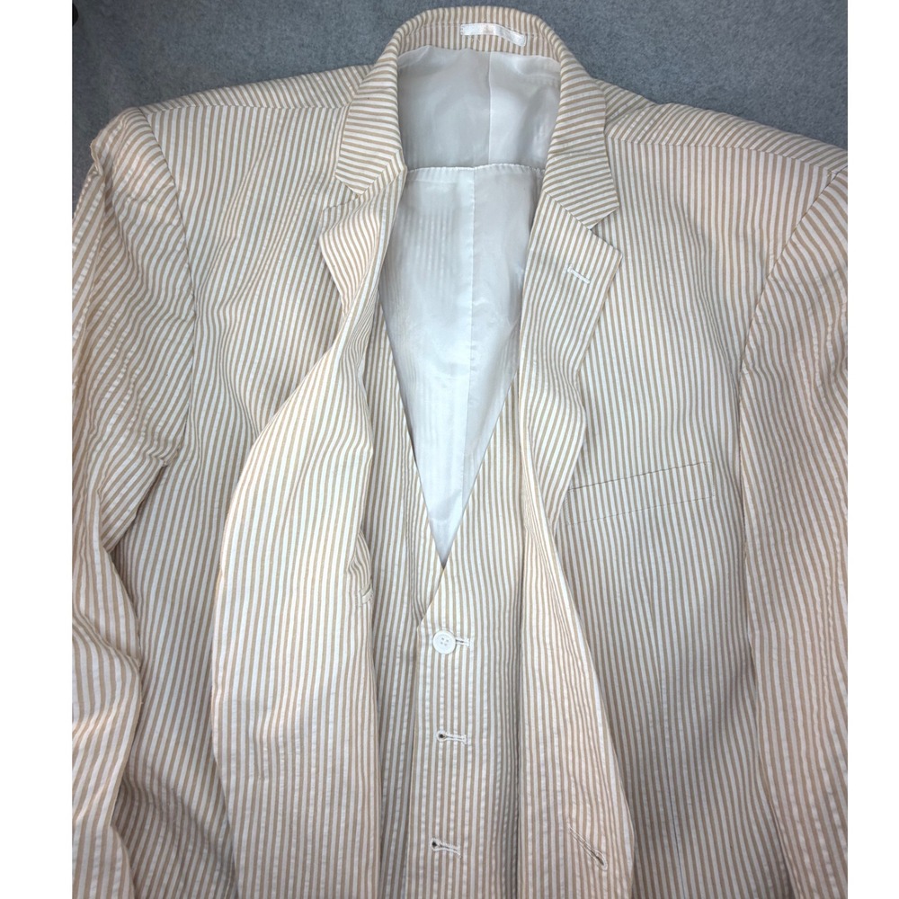 Royal Diamond Mens 3 Piece Seersucker Suit Tan White Stripe 52R Blazer Vest Pant - Picture 2 of 13